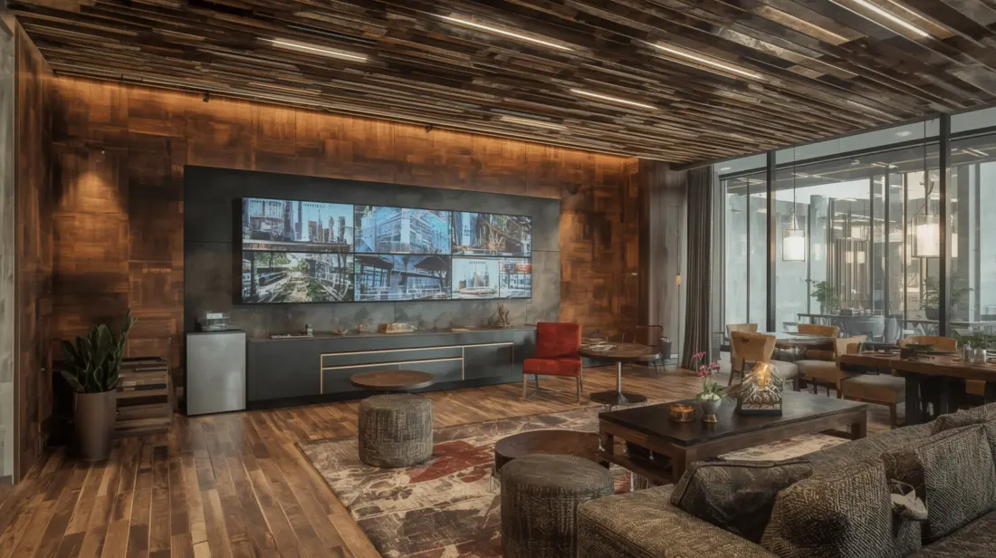 A breakout room at Switchyard Suites, warm timber panelling with a video wall and lounge seating