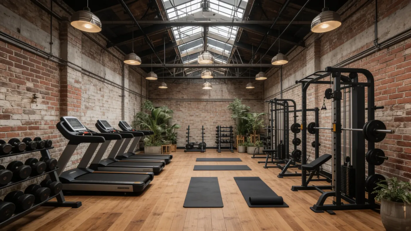 The gym at Switchyard Suites, equipment in a brick-walled room