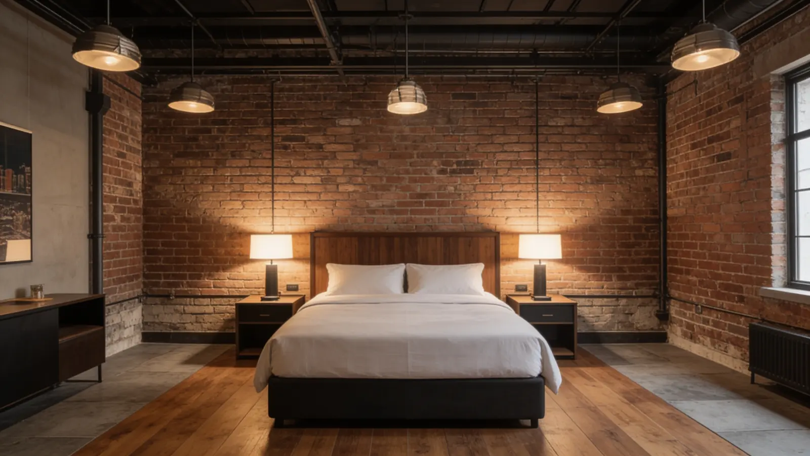 A serviced suite at Switchyard Suites, exposed brick with warm wood and white linen