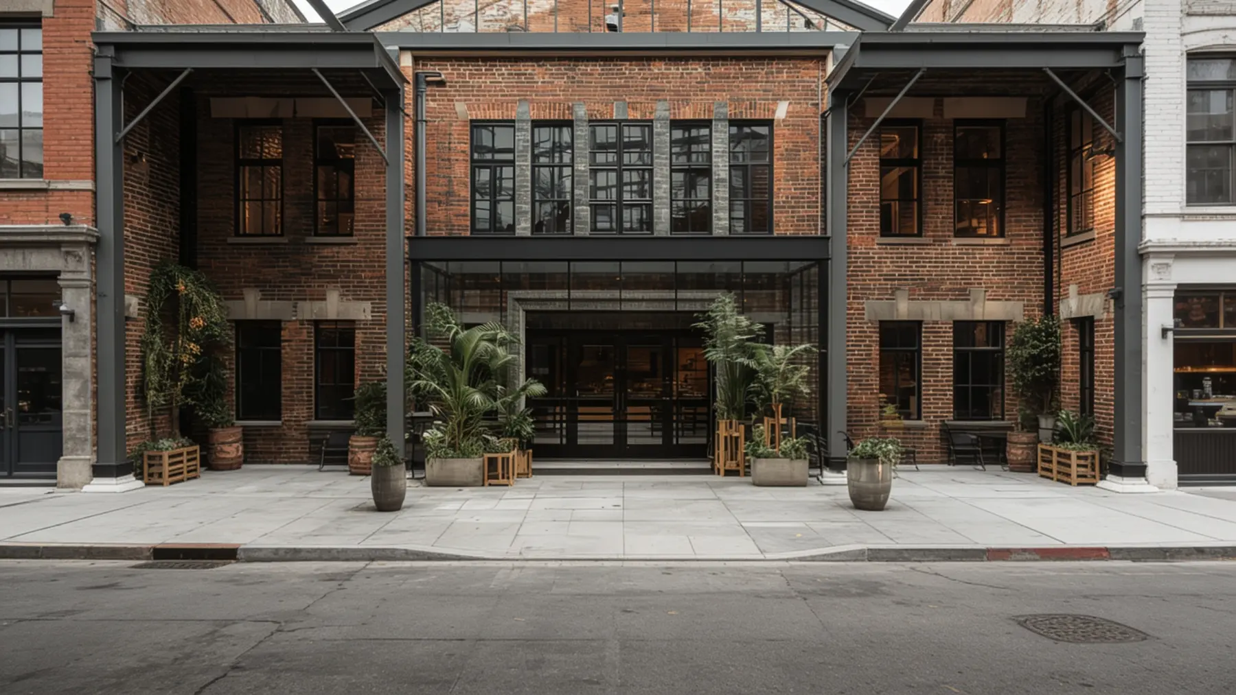 The street entrance of Switchyard Suites, a brick warehouse frontage in Pyrmont