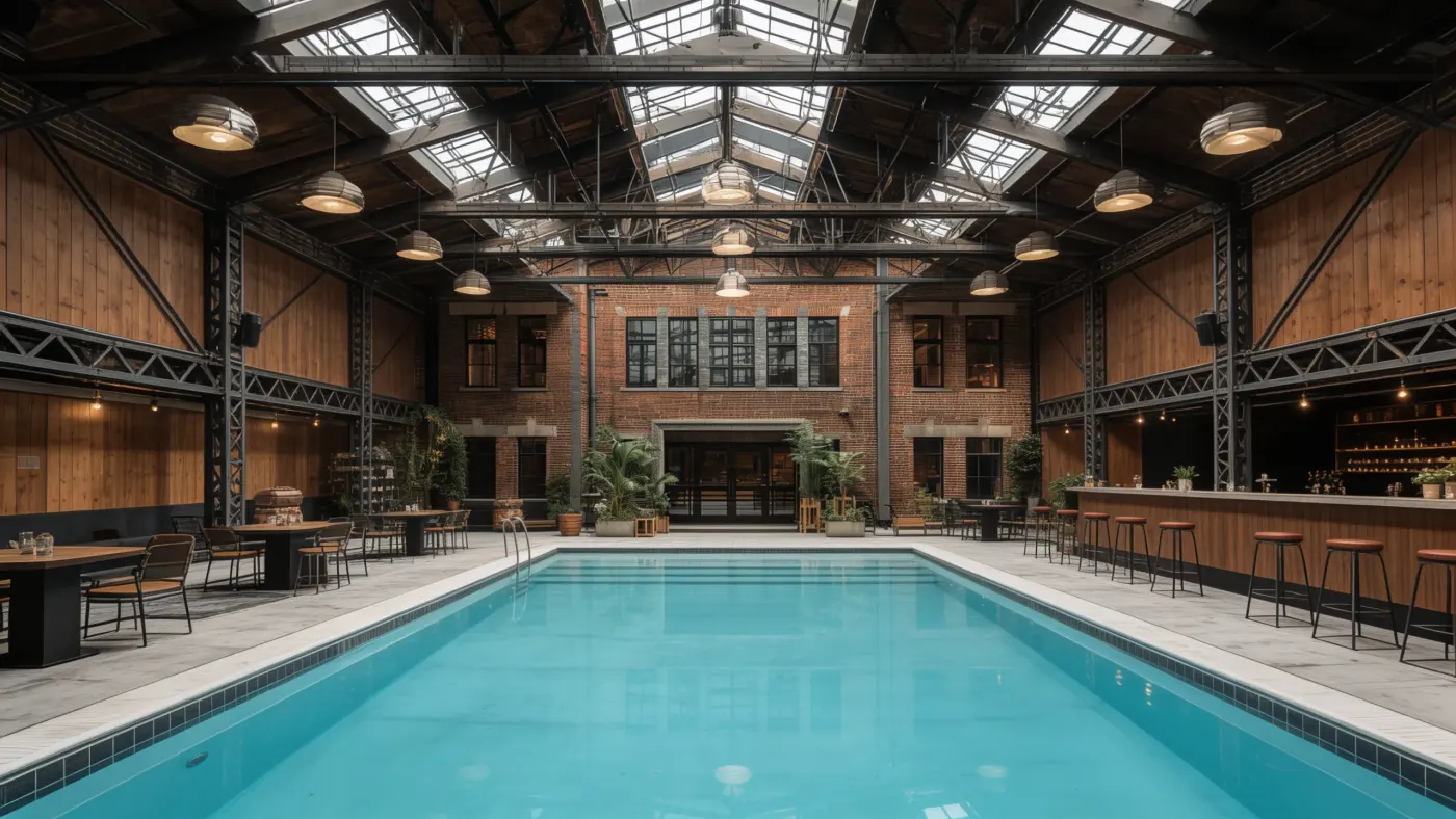 The indoor pool at Switchyard Suites, still water under a warehouse roof