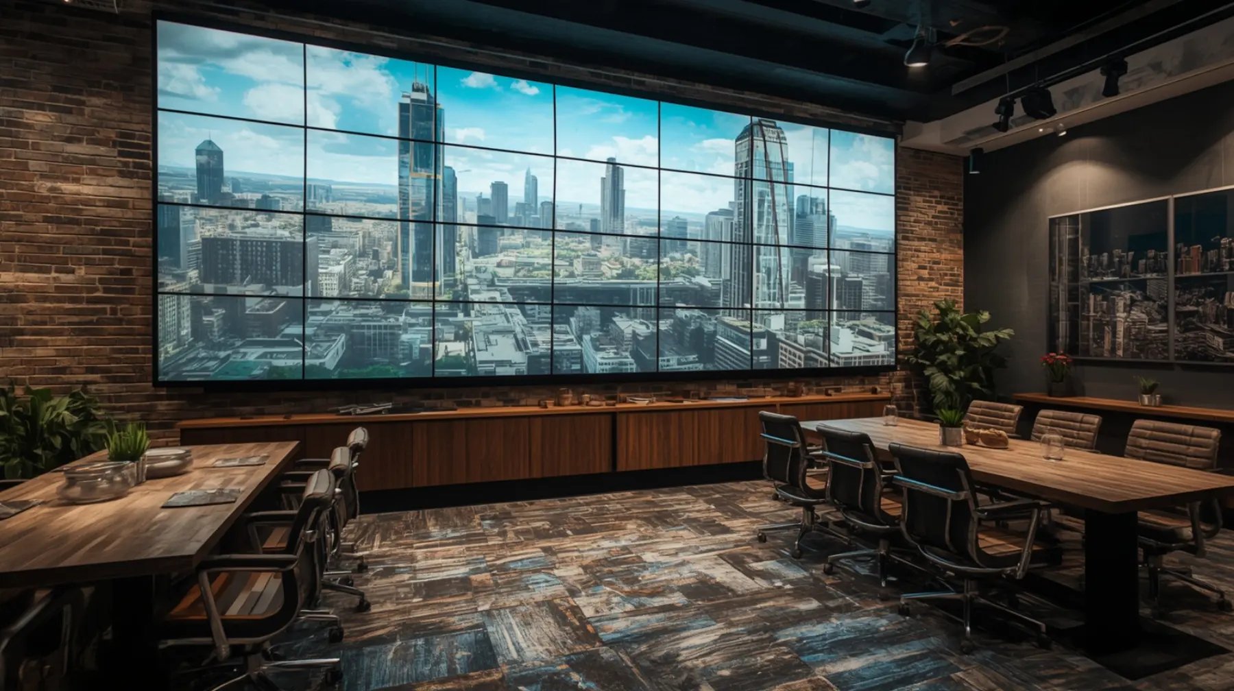 A situation room at Switchyard Suites, screens above a long meeting table in exposed brick