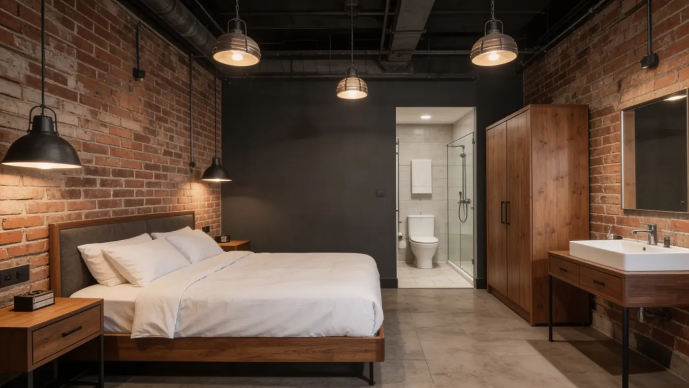 A serviced suite at Switchyard Suites, a made bed under exposed steel and brick